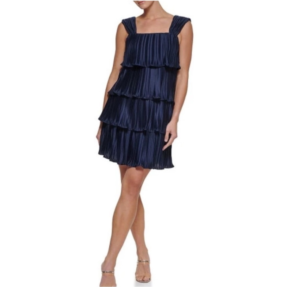 NWT DKNY Sleeveless Square Neck Tiered Ruffle Pleated Swing Dress